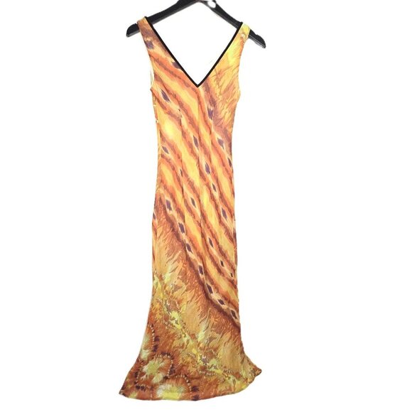 Vintage Fantasea Y2K Brown Yellow Safari Animal Print VNeck Fairy Maxi Dress USA - Picture 1 of 9